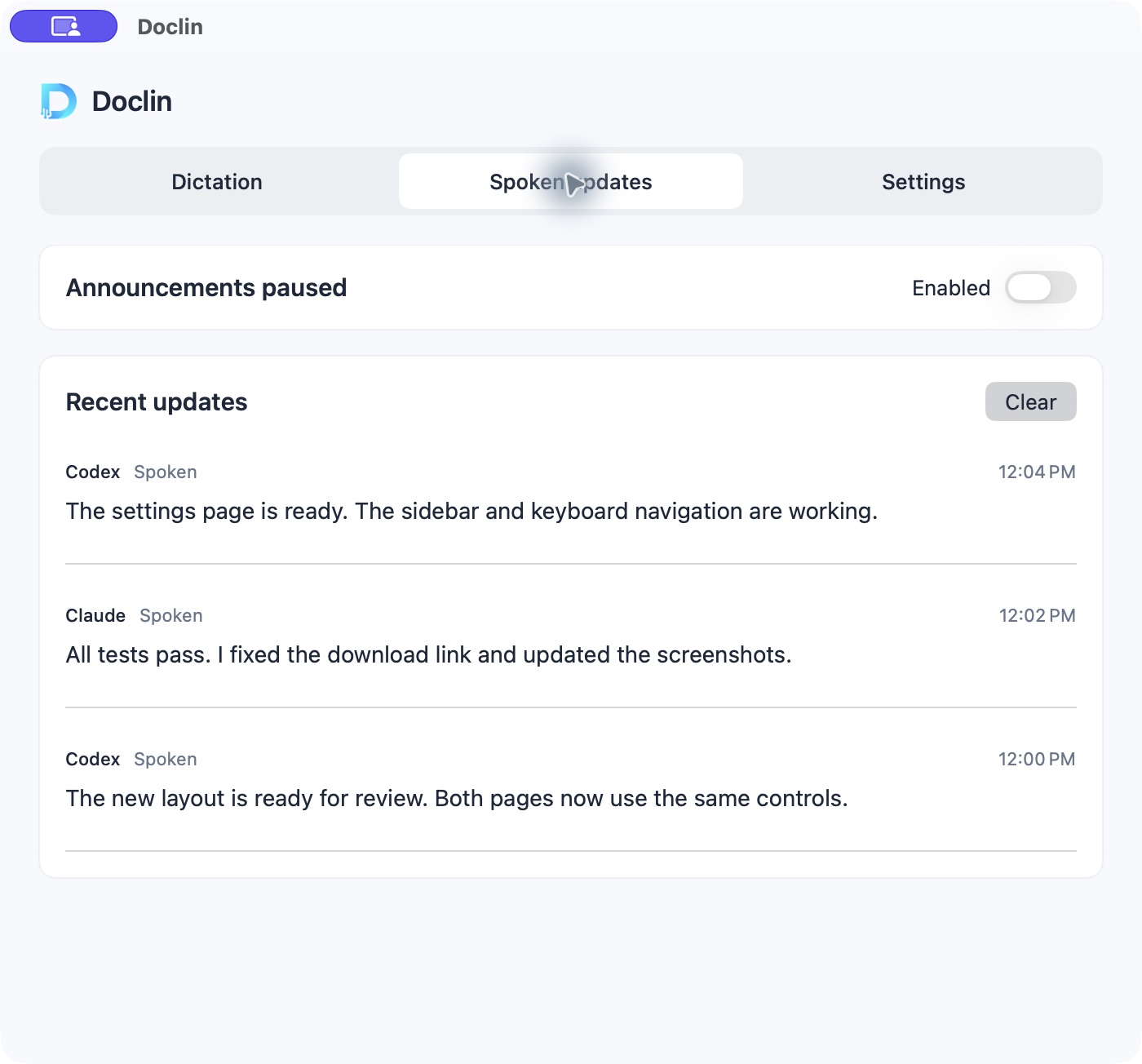Doclin with example spoken updates from Codex and Claude Code