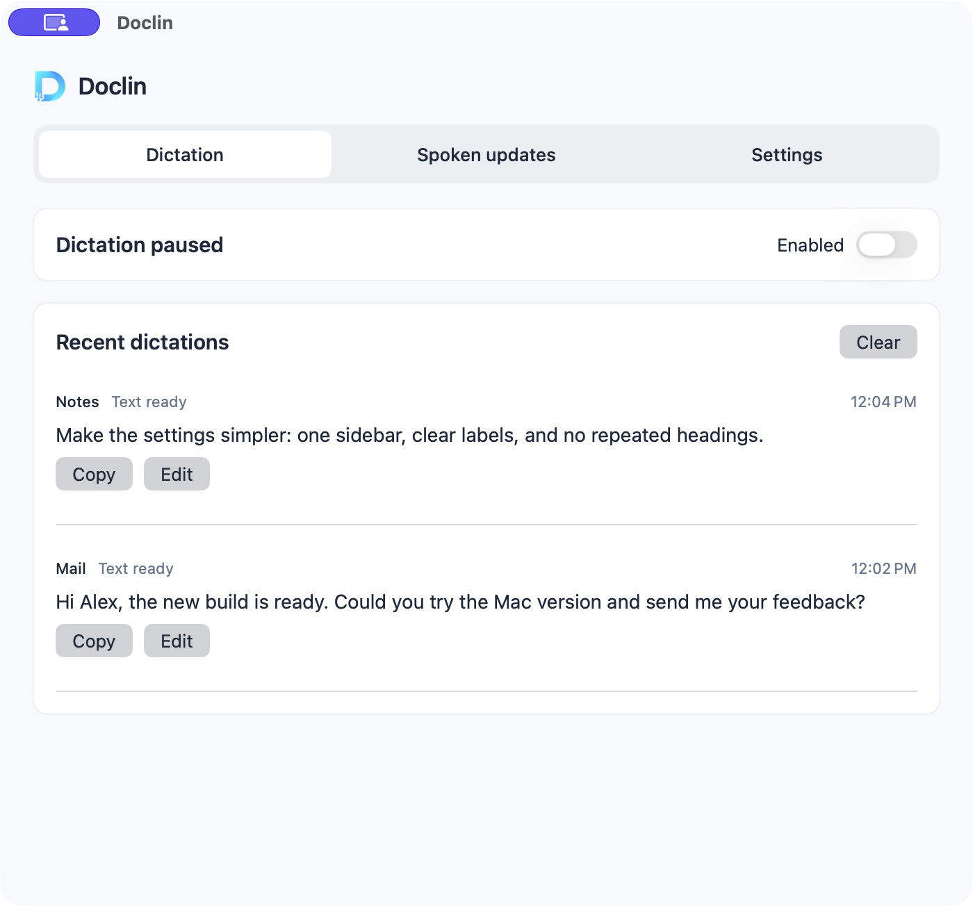 Doclin with two example dictations ready to copy or edit